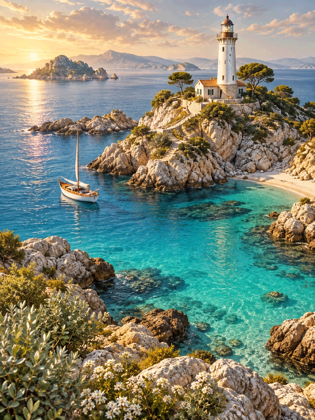 Golden light over a lighthouse and a turquoise coastal bay, a scene from Liros